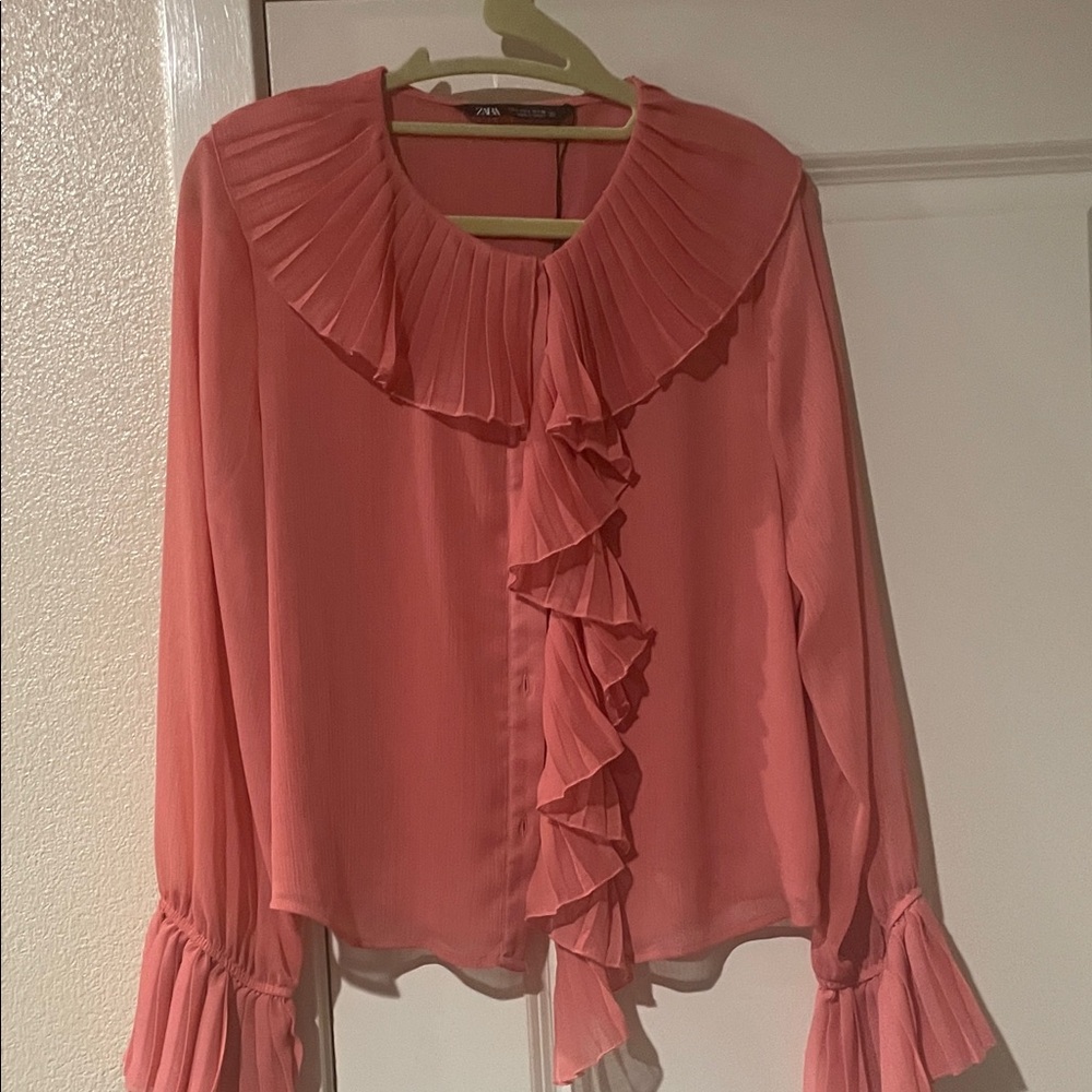 Zara Coral Ruffle Blouse